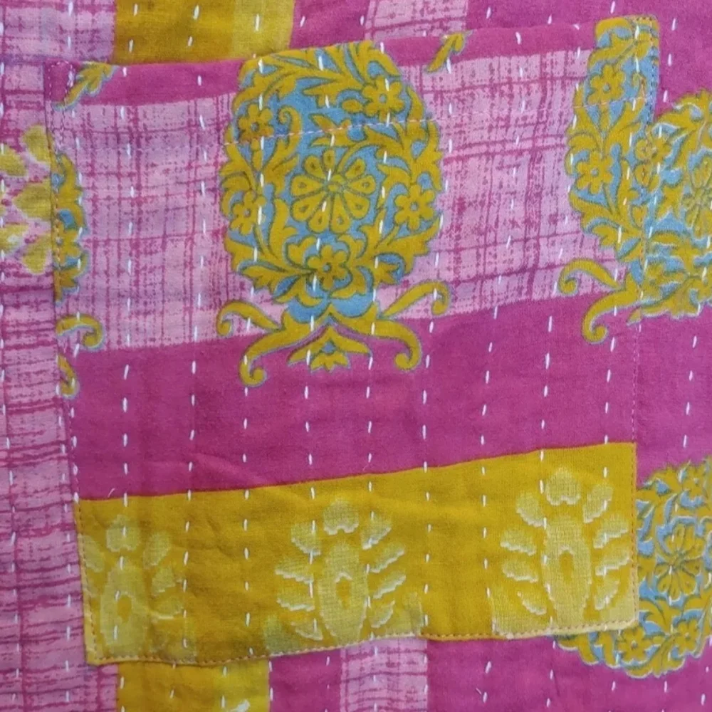 Kantha Patchwork Kimono Tunic Poncho Top Colorful Patch Pockets Woman One Sz #C